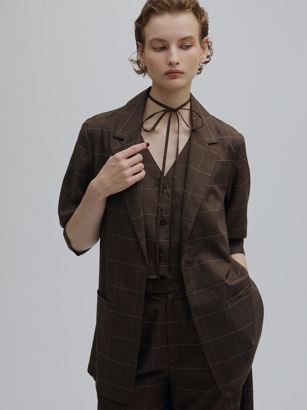 YARN DYED CHECK LAYERED VEST SHIRT