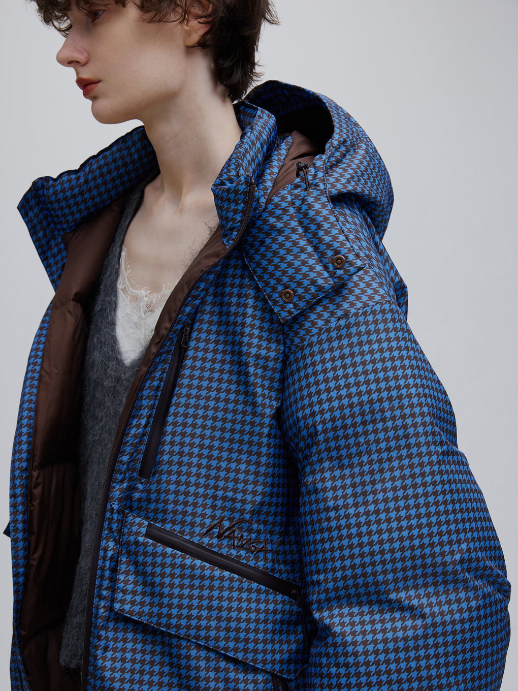 NANGA × Ameri POCKET HOUNDSTOOTH DOWN COAT