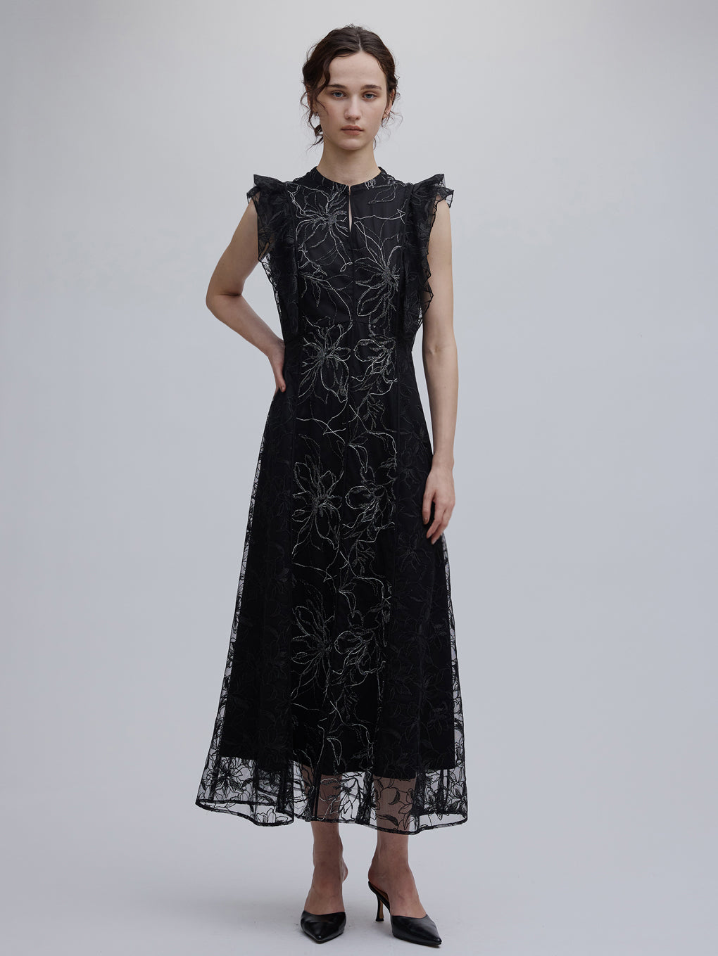GLITTER LACE DRAPE FRILL DRESS