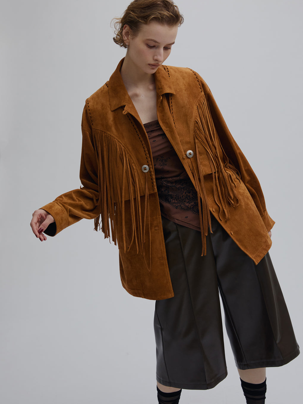 PINTUCK SYNTHETIC SUEDE SHIRT