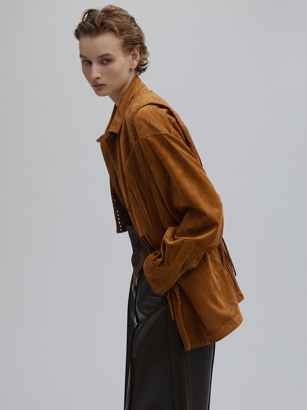 PINTUCK SYNTHETIC SUEDE SHIRT