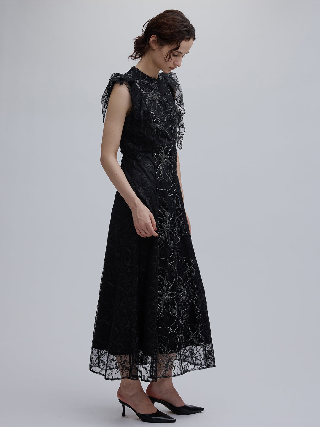 GLITTER LACE DRAPE FRILL DRESS