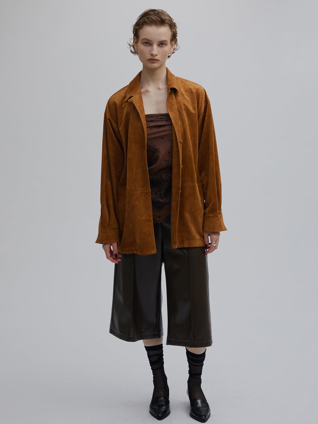 PINTUCK SYNTHETIC SUEDE SHIRT