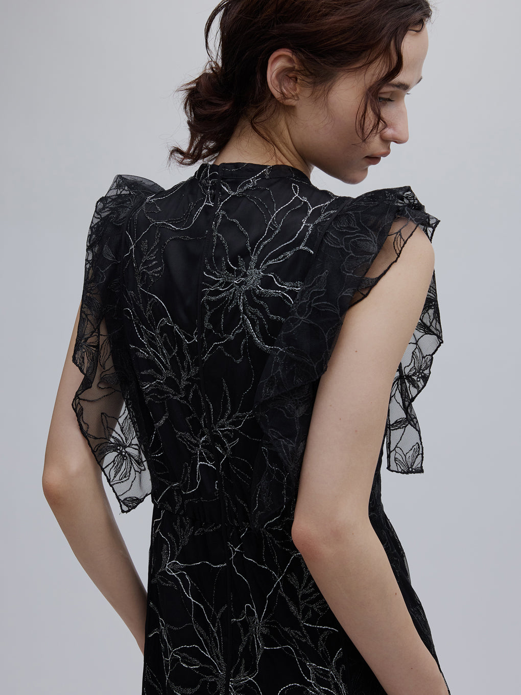 GLITTER LACE DRAPE FRILL DRESS