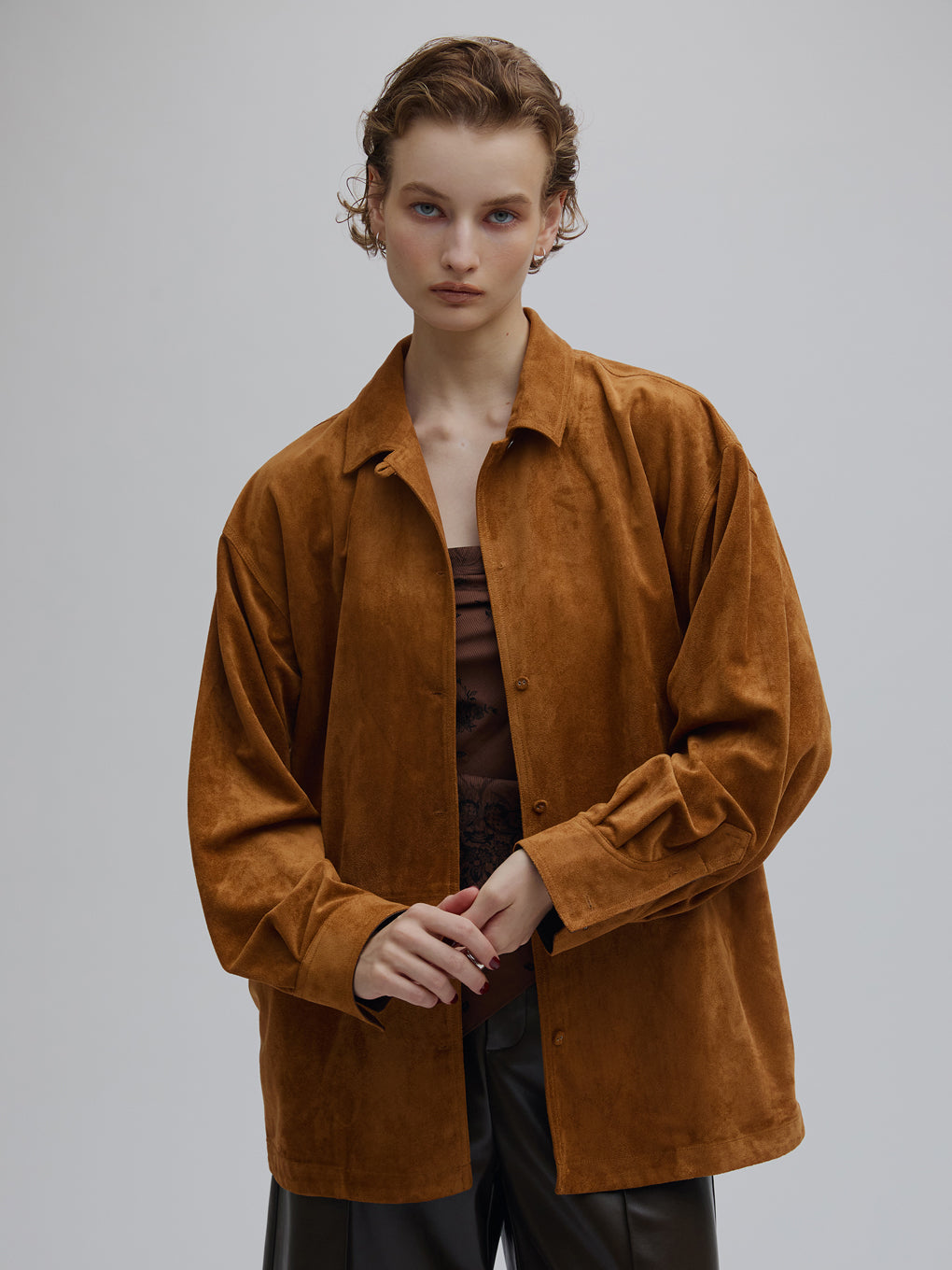 PINTUCK SYNTHETIC SUEDE SHIRT