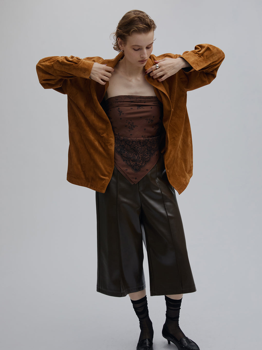 PINTUCK SYNTHETIC SUEDE SHIRT
