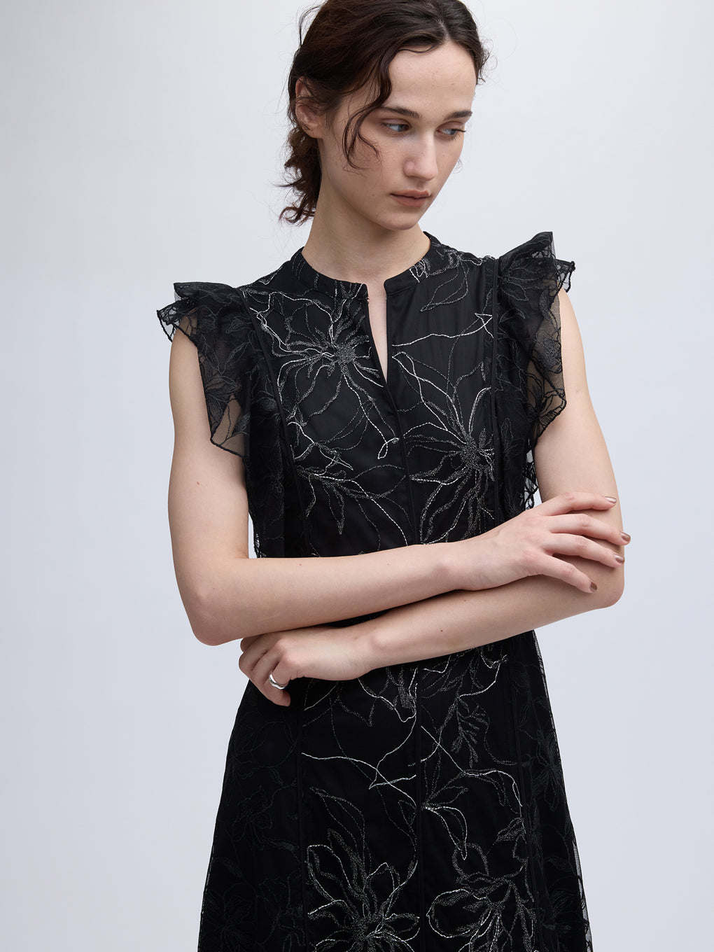 GLITTER LACE DRAPE FRILL DRESS