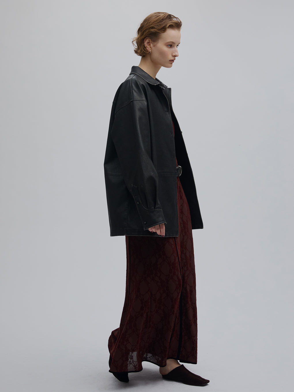 PINTUCK SYNTHETIC LEATHER SHIRT