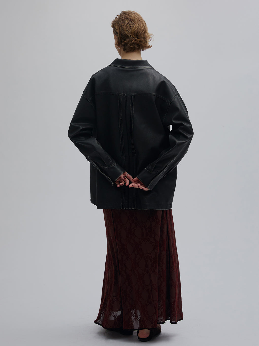 PINTUCK SYNTHETIC LEATHER SHIRT