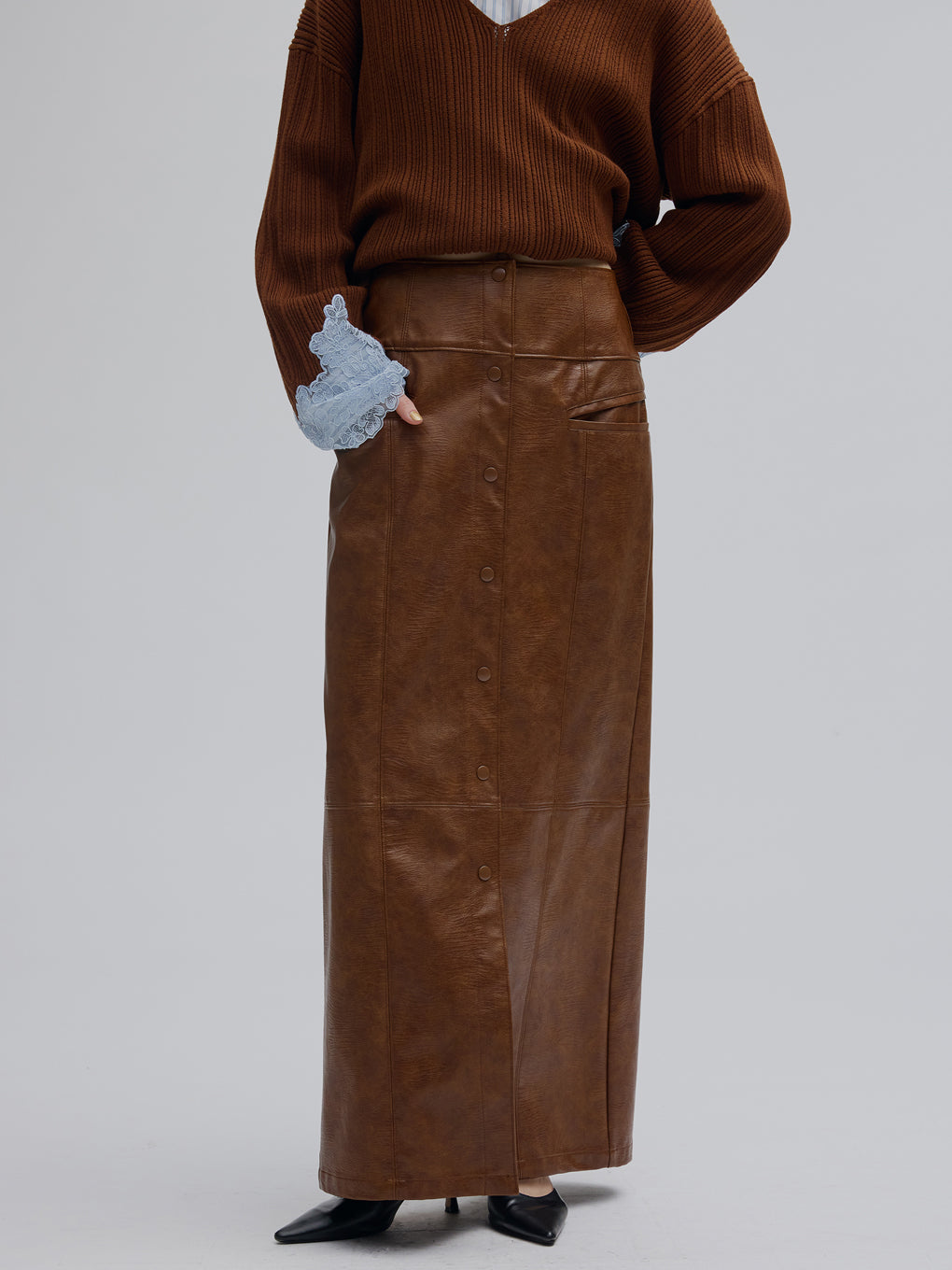 FRONT BUTTON LEATHER SKIRT