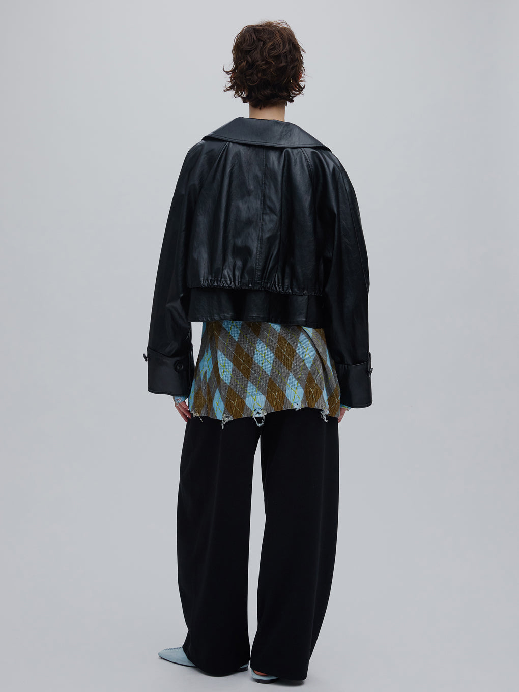 DRAWSTRING YOKE SYNTHETIC LEATHER SHORT COAT