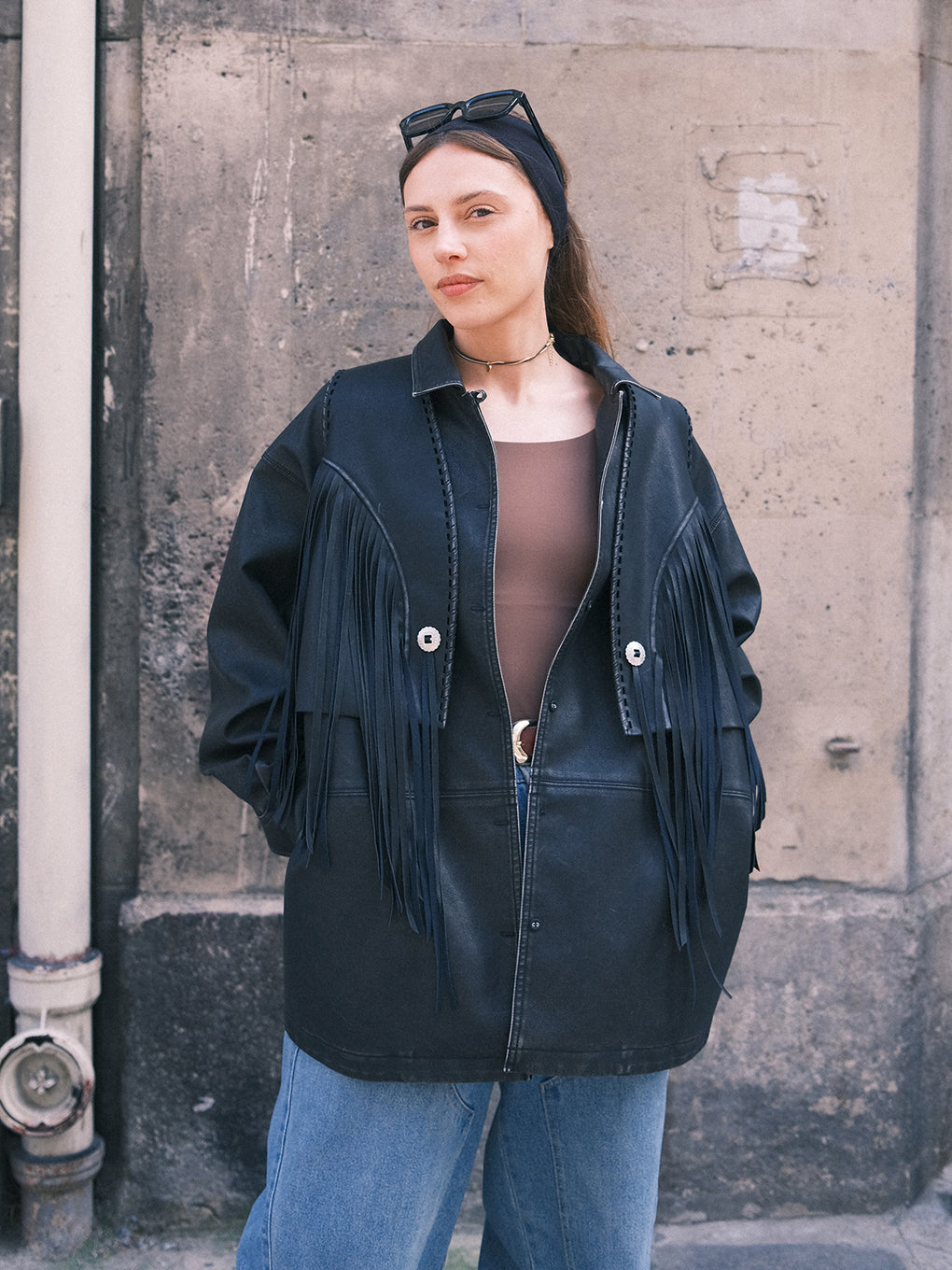PINTUCK SYNTHETIC LEATHER SHIRT