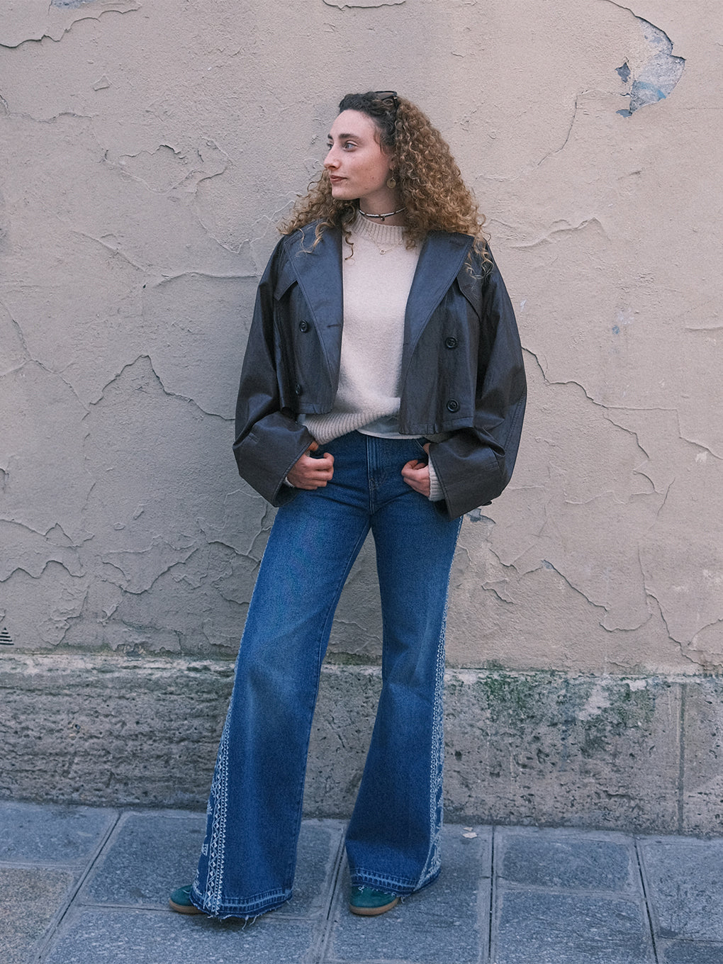 DRAWSTRING YOKE SYNTHETIC LEATHER SHORT COAT