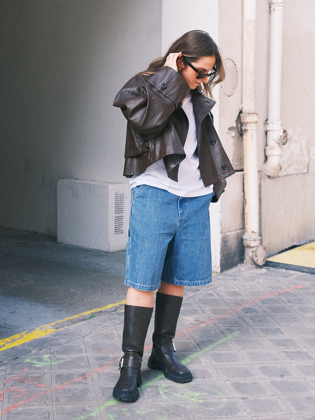 DRAWSTRING YOKE SYNTHETIC LEATHER SHORT COAT