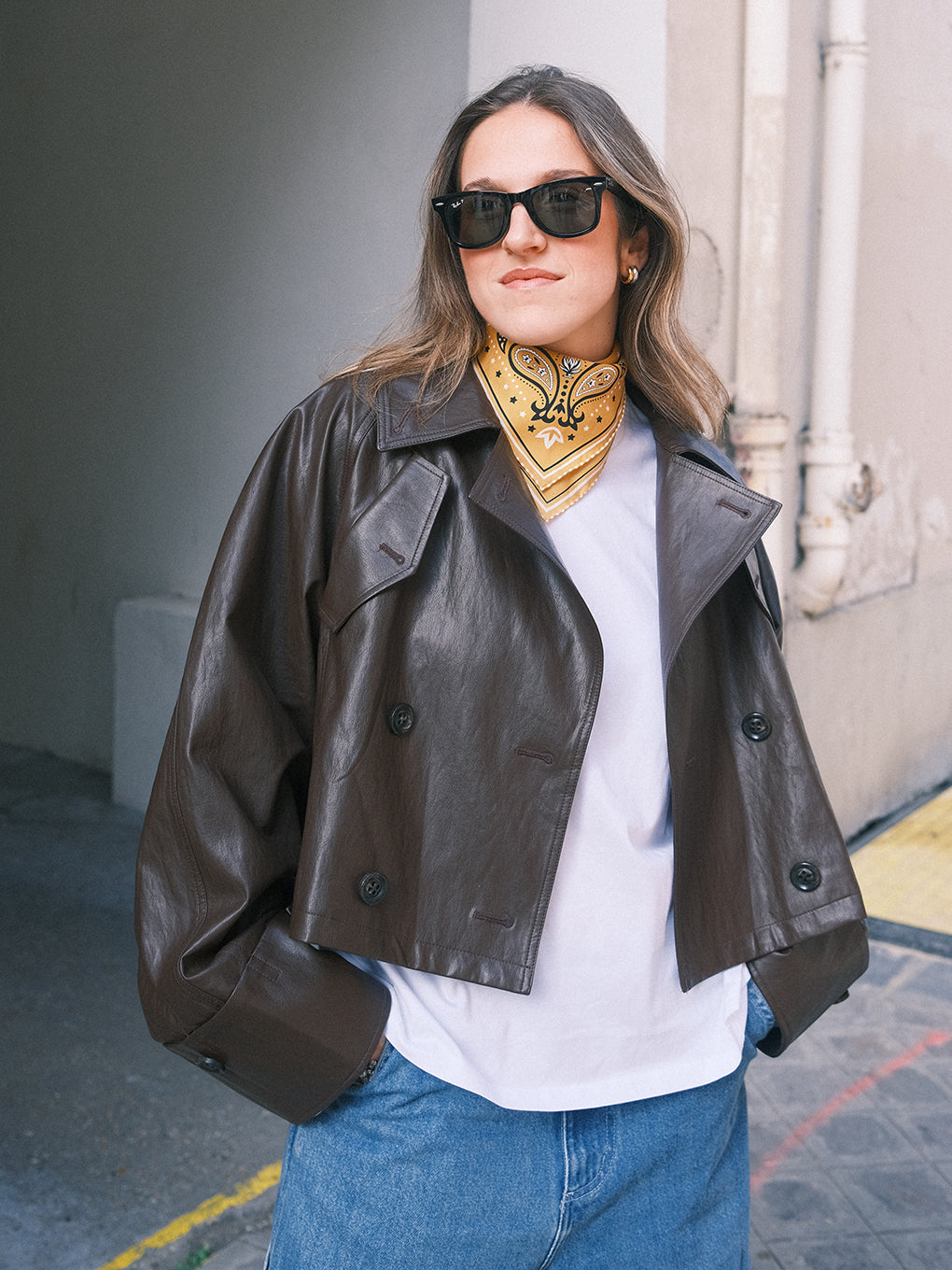 DRAWSTRING YOKE SYNTHETIC LEATHER SHORT COAT
