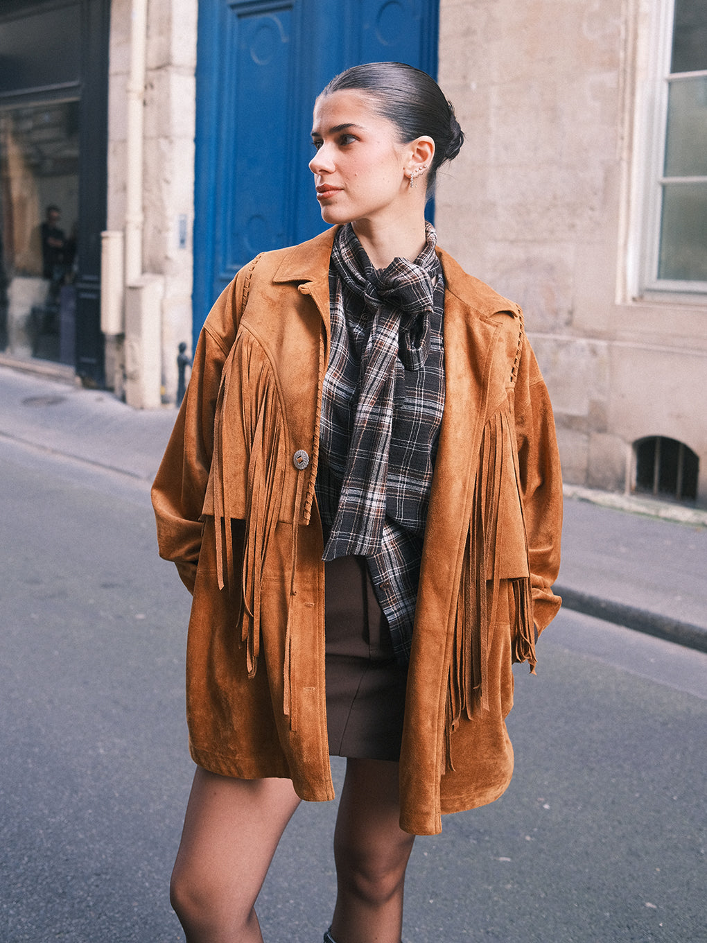 PINTUCK SYNTHETIC SUEDE SHIRT