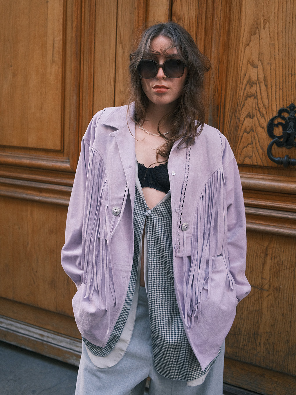 PINTUCK SYNTHETIC SUEDE SHIRT