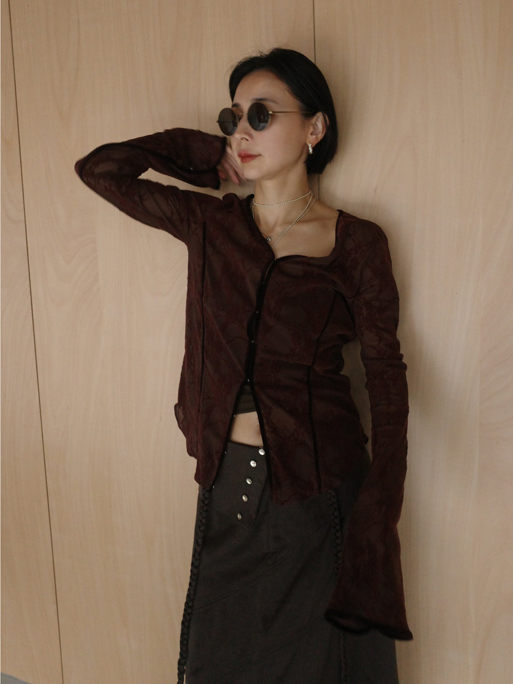 SHEER FLOCKY ROUND HEM TOPS
