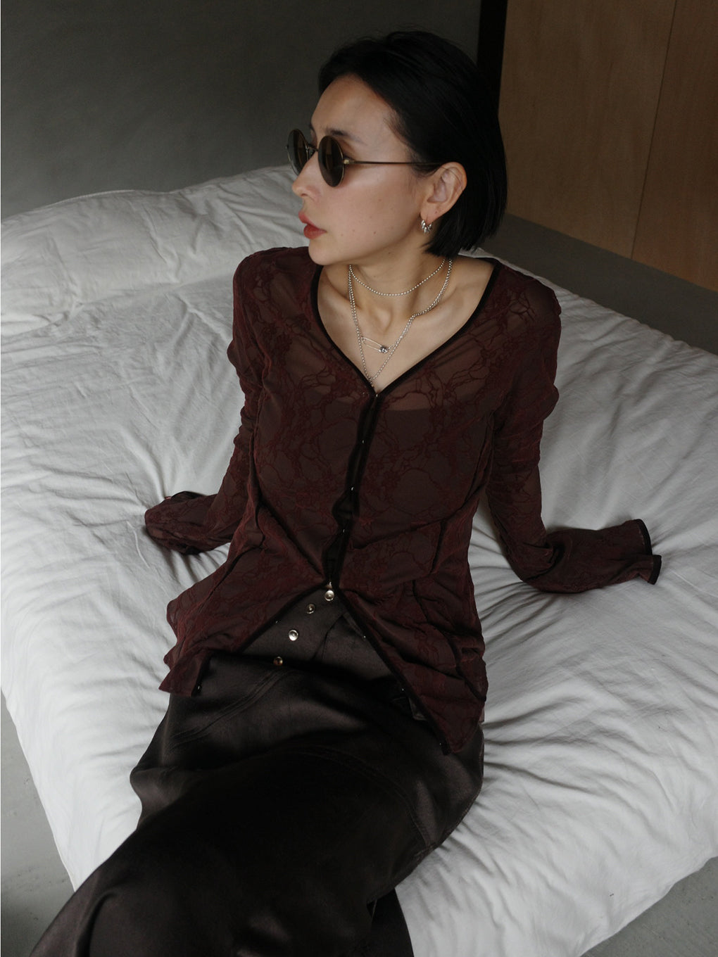 SHEER FLOCKY ROUND HEM TOPS