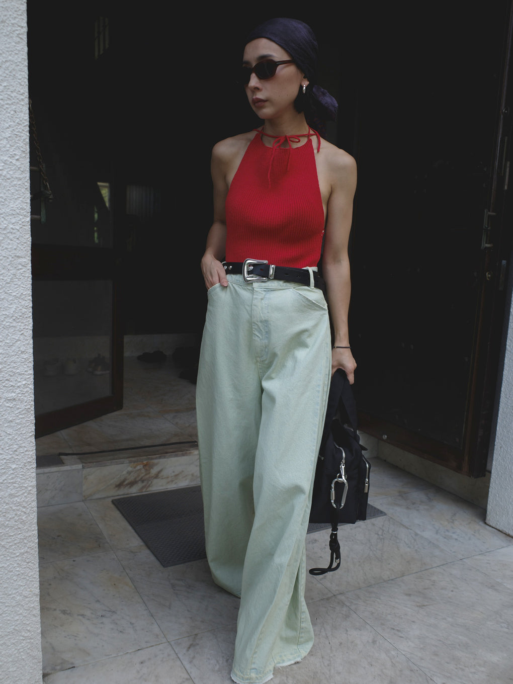 SIDE TUCK WIDE FLAIR DENIM PANTS
