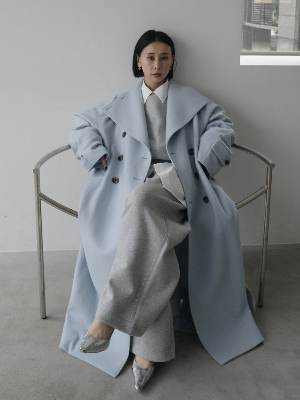 WOOL ASYMMETRY STAND COLLAR COAT