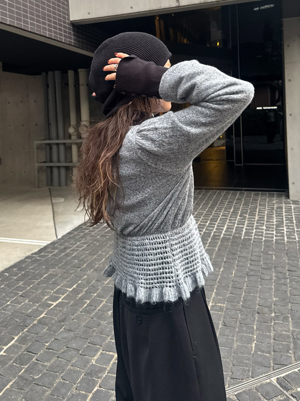 FLUFFY SHEER FRILL KNIT TOP