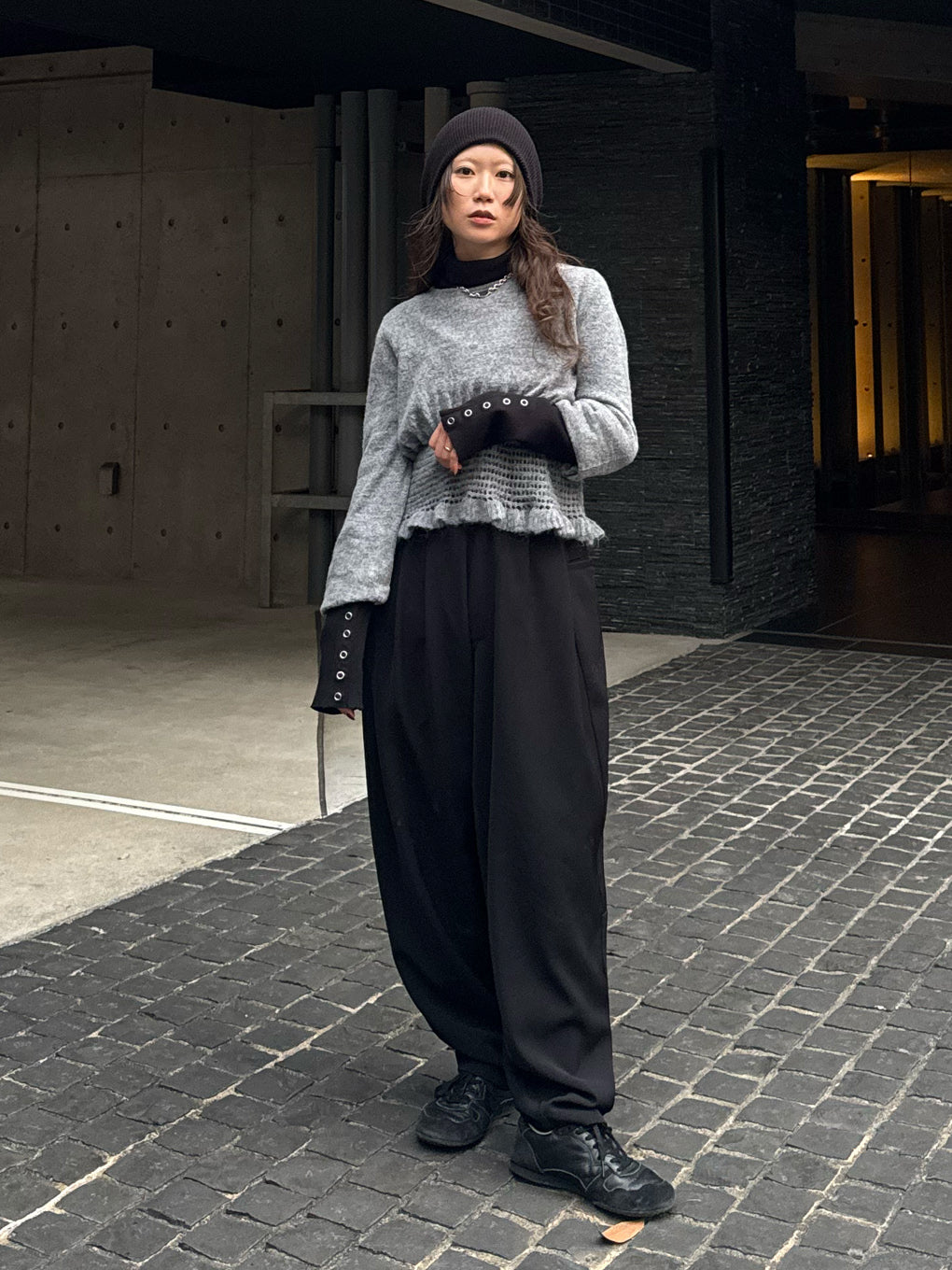 FLUFFY SHEER FRILL KNIT TOP