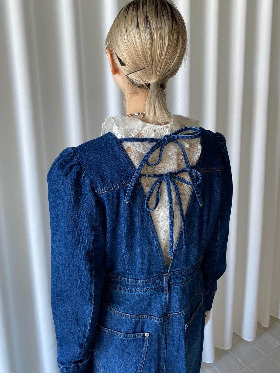 ADORABLE BACK RIBBON DENIM DRESS