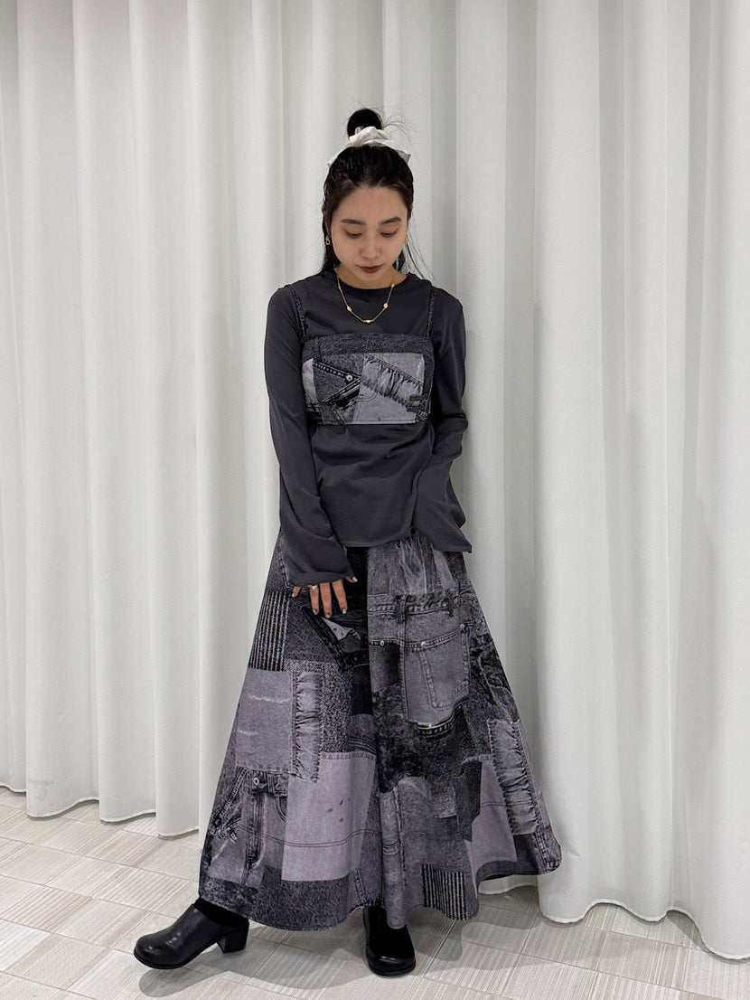 DENIM PATCHWORK PRINT SKIRT